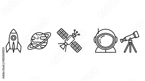 A black and white illustration of space exploration objects on a white background