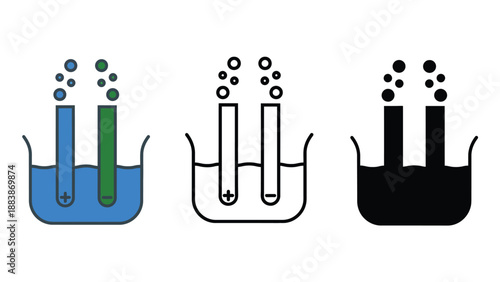 Electrolysis process illustrated in three different styles and colors