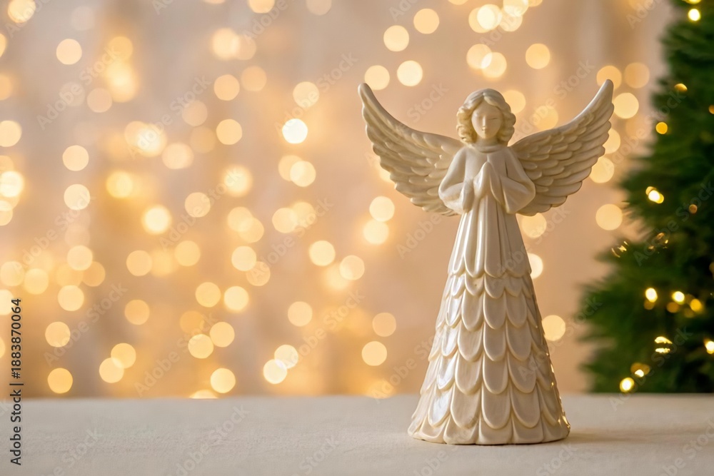 Fototapeta premium Elegant angel figurine with wings against a soft bokeh background - copy space background