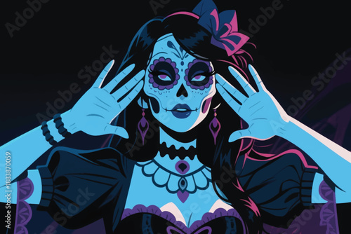 Illustration Of A Woman With Skull-Like Makeup With Her Hands Posing Vector Design Template