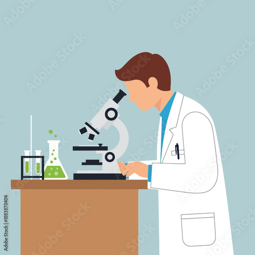 Scientist in lab coat using microscope with test tubes and flask on desk