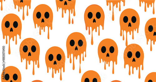 Halloween dripping skull seamless pattern vector with spooky orange melting faces, playful horror style, and bold flat design