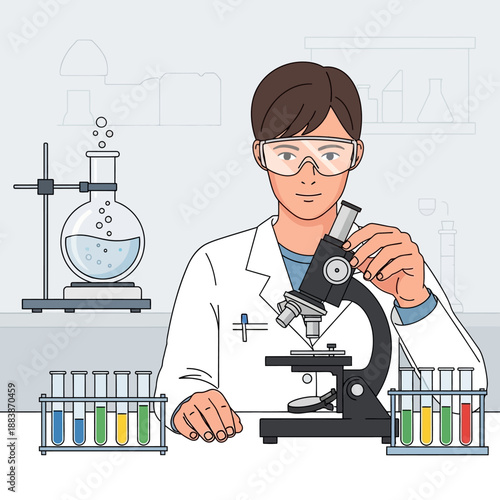 Scientist looking into microscope in laboratory with test tubes and flasks