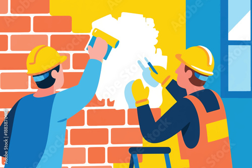 Illustration Of Two Workers Wearing Safety Clothing Plastering A Wall Together Vector Design Template