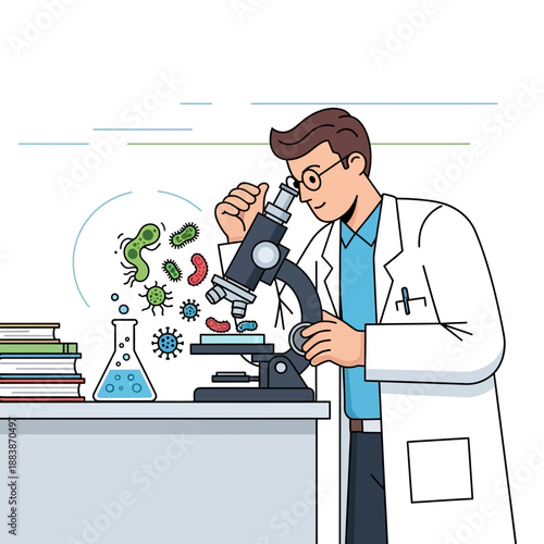 Scientist examining microorganisms under a microscope in a lab with colorful bacteria and viruses.