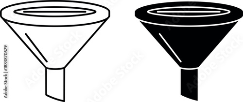 Set of black and white funnel icons with outline and solid silhouette styles isolated on white background for marketing and filtration.