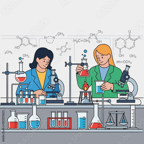Two women scientists conducting experiments in a laboratory with chemical formulas