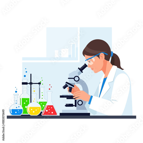 Female scientist examining sample under microscope in laboratory with colorful liquids