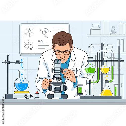 Scientist examining sample under microscope in laboratory setting with chemical formulas