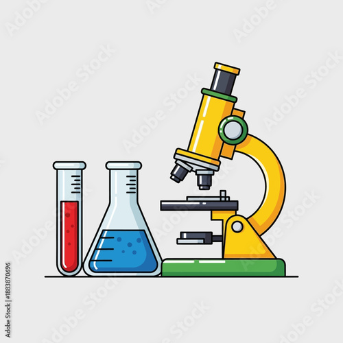 Microscope and laboratory glassware with colorful liquids on a plain background