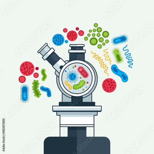 Microscope viewing colorful bacteria and virus cells, scientific research concept