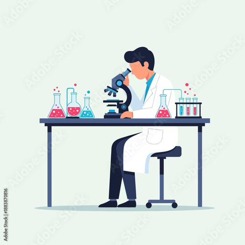 Scientist in Lab Coat Using Microscope for Research