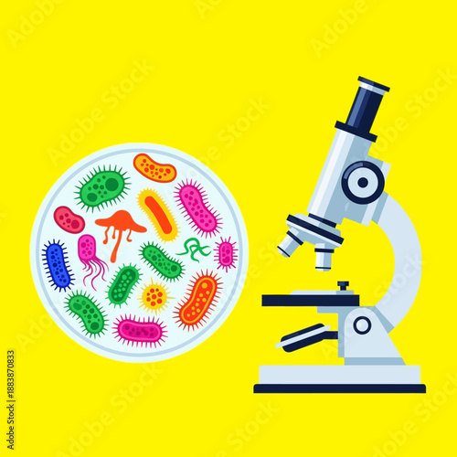 Microscope and petri dish with colorful cartoon bacteria and germs on yellow background
