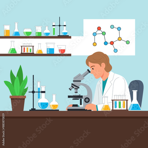 Scientist working with microscope in laboratory, surrounded by beakers and test tubes.