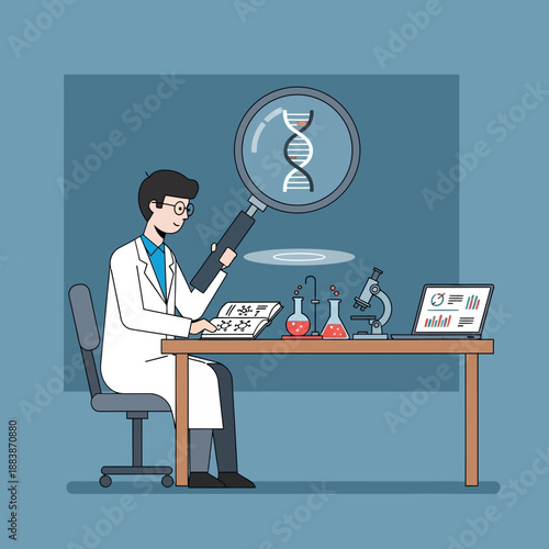 Scientist Inspecting DNA Helix with Magnifying Glass in Laboratory