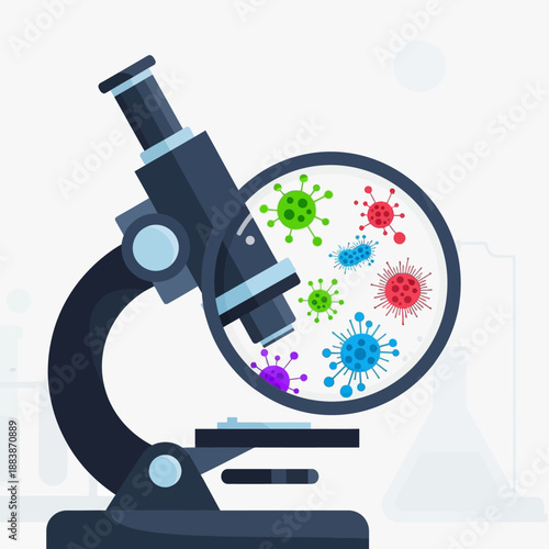 Microscope examining colorful bacteria and viruses under magnification