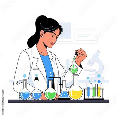 Female scientist in lab coat conducting experiment with colorful liquids in beakers