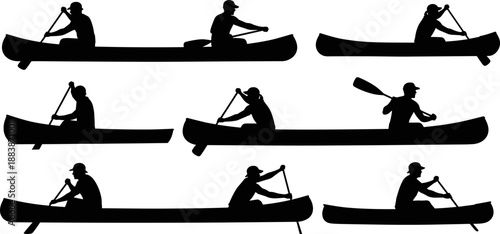 Silhouettes of people paddling canoes in various styles and positions, showcasing outdoor water sport activity, motion, and technique in black vector illustration
