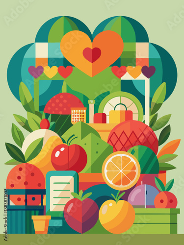 A vibrant illustration of a bountiful fruit and vegetable market stand