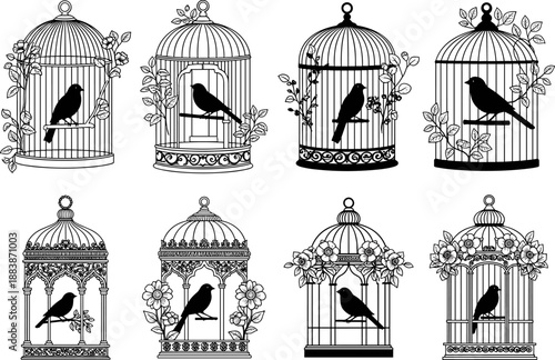Silhouettes of ornate birdcages with perched birds and floral decorations, ideal for vintage vector illustrations, nature-themed designs, and decorative artwork concepts.