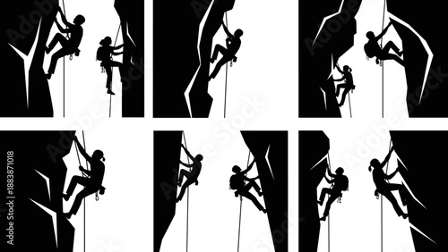 WebSilhouettes of rock climbers scaling rugged cliffs with ropes and gear, showcasing outdoor adventure, climbing techniques, and extreme sport vector illustration themes.