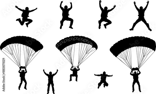 Silhouettes of skydivers in freefall and parachute descent, capturing dynamic aerial motion and extreme sport themes for adventure vector illustration and design concepts.