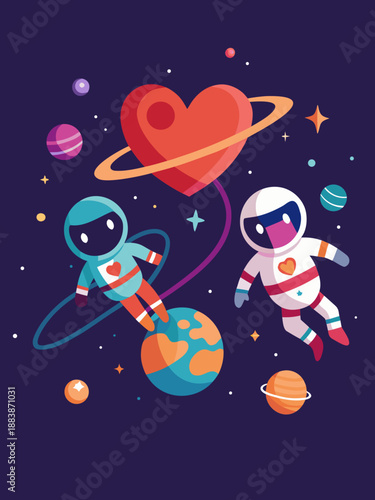 Adorable astronauts express cosmic love in outer space with a giant red heart and planets