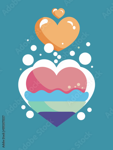 A stylized illustration of a magical love potion heart with floating elements