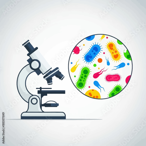 Microscope viewing colorful bacteria and microorganisms under magnification
