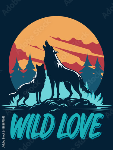 A captivating illustration of two wild wolves howling under a vibrant sunset