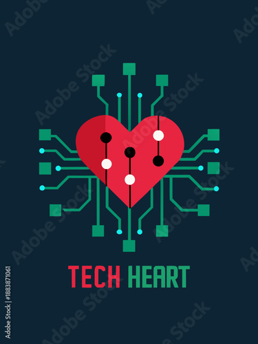 A stylized illustration of a red heart integrated with green circuit board pathways