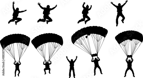 Skydiving and parachuting silhouette collection showing jump, freefall, canopy deployment and landing phases, extreme adventure sport action scenes, black and white vector illustration