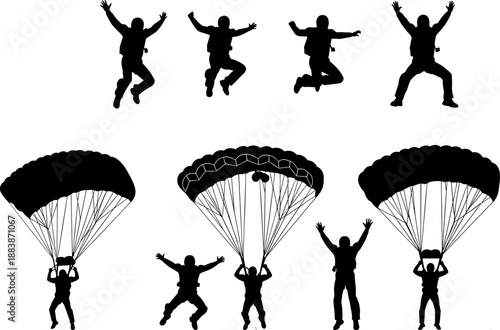 Skydiving and parachuting human silhouettes set showing jump, freefall, and landing actions, extreme sport adventure concept, black and white vector illustration