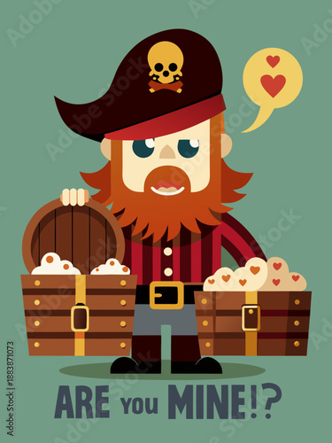 Cartoon pirate asking 'are you mine!?' with barrels of hearts for valentine's day