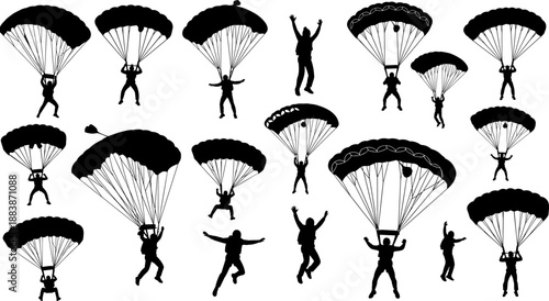 Skydiving parachute silhouettes set showing multiple airborne jumpers in different poses, extreme sport adventure vector illustration isolated on white background design collection icons