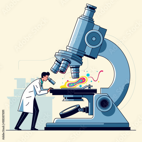 Scientist examines bacteria under microscope, medical research, laboratory illustration