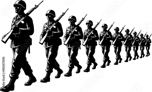 Soldiers marching formation silhouette vector illustration isolated on white background, military infantry patrol, armed forces concept, historical war troops and defense symbolism design