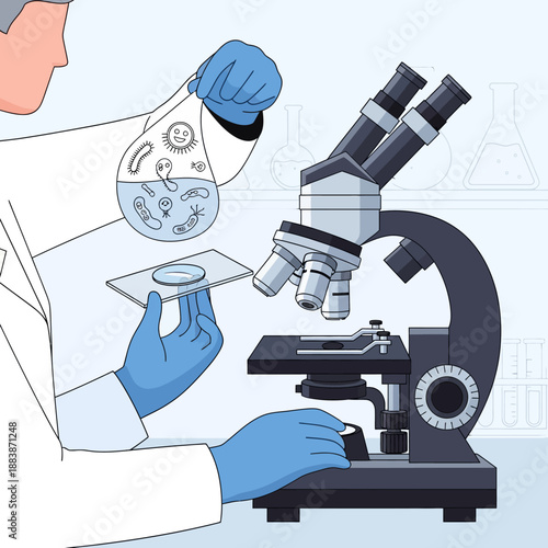 Scientist examining bacteria under microscope in laboratory, science research concept