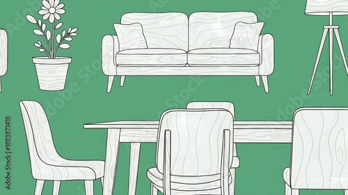 White Furniture Collection on Green Background Loop Motion Graphic