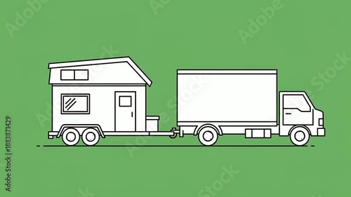 White Line Art Tiny House On Wheels Truck Trailer Green Background Motion Graphic