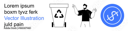 Environmental sustainability, waste management, financial impact, eco-friendly practices, recycling awareness, responsible consumption. Trash bin with recycling symbol, human figure, and dollar sign