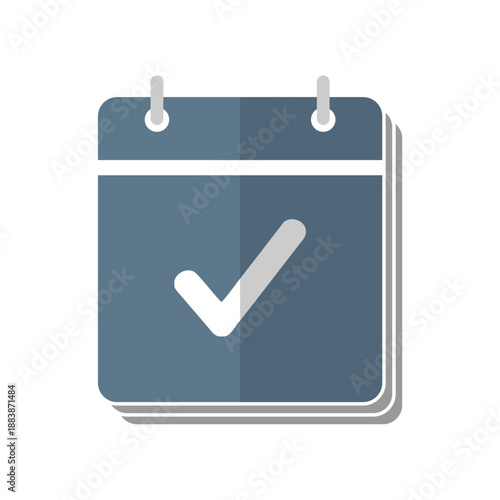 A blue-gray calendar icon with a white checkmark indicating completion or a task accomplished, symbolizing organization and productivity
