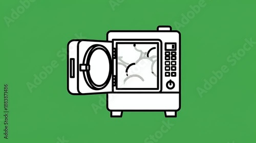 White Microwave Oven Open Door Emitting Steam Smoke Isolated Green Loop