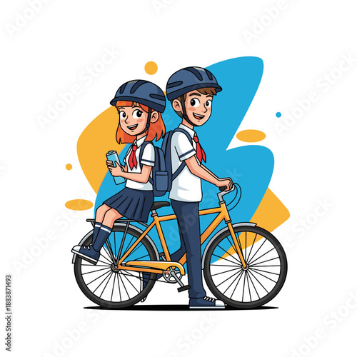 A happy family with a mother, daughter, and boy enjoys cycling together in a fun cartoon vector illustration featuring people wearing helmets while riding their bikes