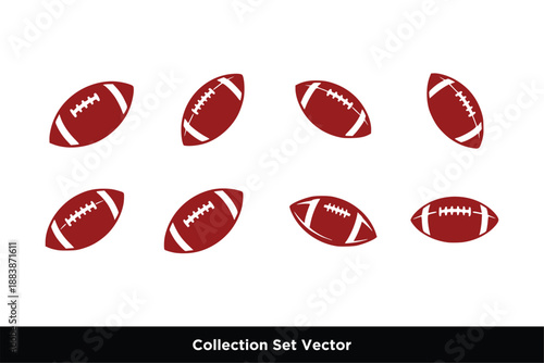 American Football Ball Set Vector Illustration, Rugby Ball Silhouettes in Various Angles and Positions