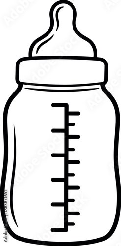 Hand-drawn vector sketch of a baby feeding bottle with measurement scale and nipple isolated on white background for newborn care and parenting design elements