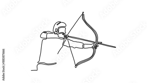 Continuous line animation of archer man focus exercising archery to hit the target