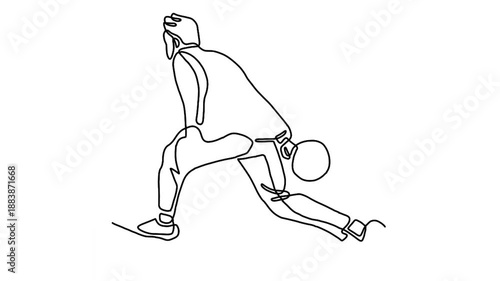 continuous line animation of bowling player throw ball into lane to hit the pin