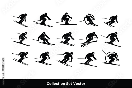 Downhill Skier Silhouette Set Vector Illustration, Winter Sport Athletes Skiing in Various Poses