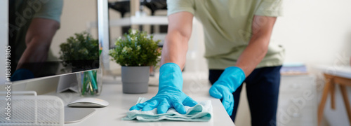 Εκτύπωση καμβά man, sanitizing desk and cleaning service for office housekeeping, hygiene and dust on furniture